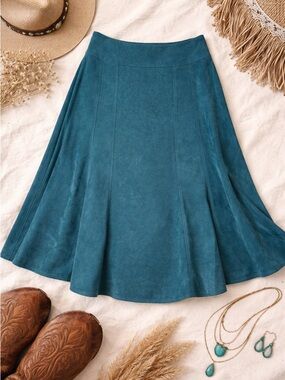 Boho Teal Faux Suede Midi Skirt Size 12 A-Line Festival Western Chic